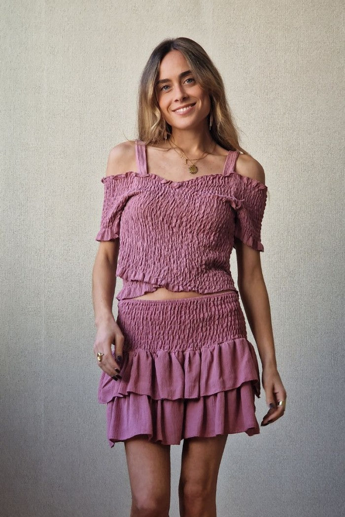 Top fruncido de tirantes rosa
