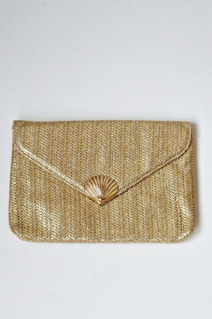 Bolso fiesta tipo rafia dorado y concha